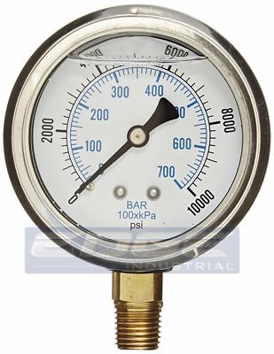 LIQUID FILLED PRESSURE GAUGE 0-10,000 PSI 2.5'' FACE 1/4'' NPT LOWER MOUNT WOG