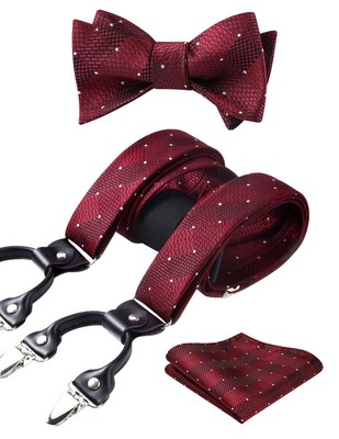 HISDERN Mens Suspenders for Trousers Adjustable Burgundy Check Plaid Bow Tie ...