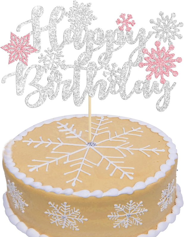 1Pcs Snowflake Happy Birthday Cake Topper Winter Wonderland Pink Frozen Birthday
