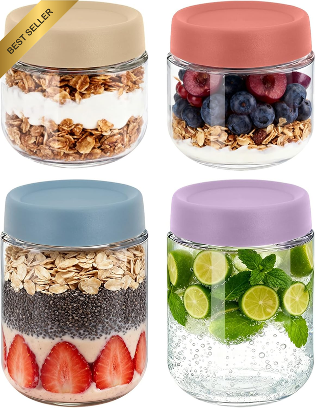 Overnight Oats Container Jar Glass with Lids – 4 Pack 300/480Ml(10/16Oz) Meal Pr