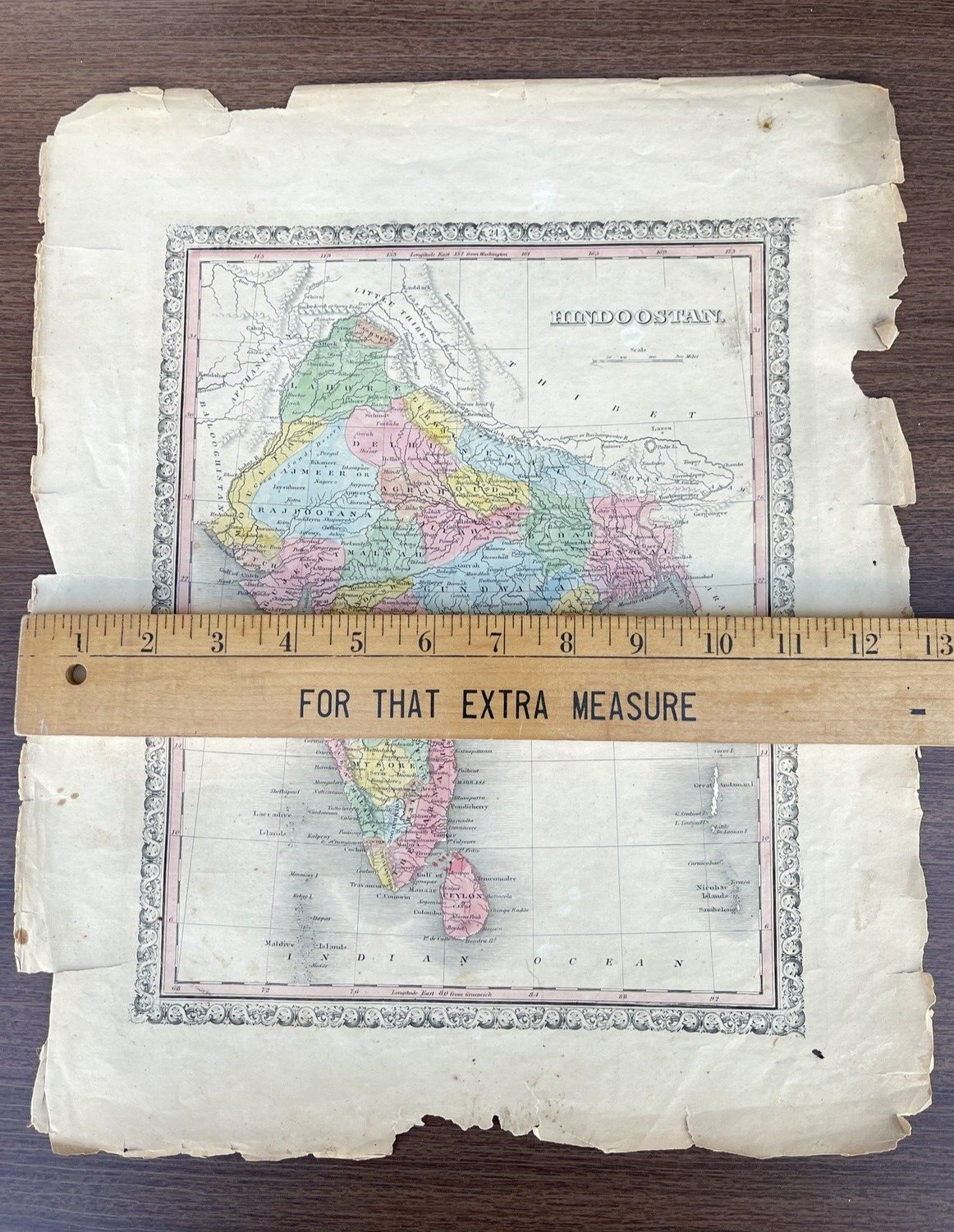 Antique 1846 Map 15.5"x 13" by H.S. Tanner Hindoostan India Hindustan