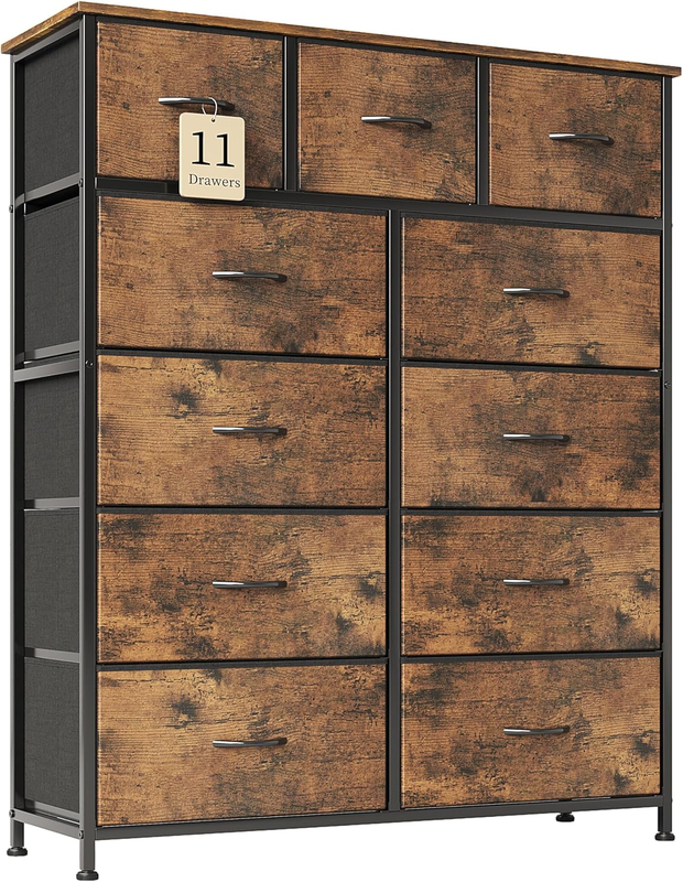 Tall Dresser for Bedroom with 11 Drawers, Chest of Drawers with Wooden Top, Fabr