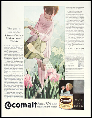 1929 COCOMALT Chocolate Drink ART DECO Girl Watering Can Kitchen Decor Vtg AD