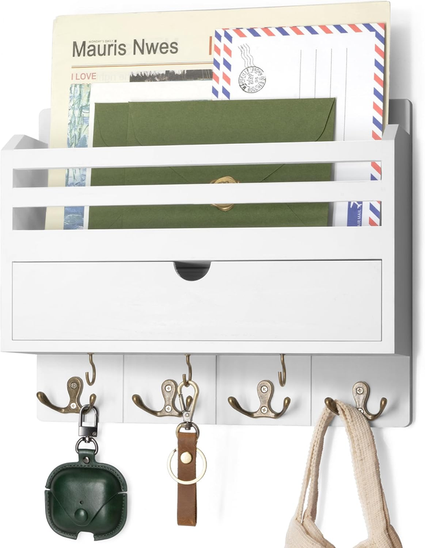 Decorative Mail Organizer Wall Mount - Modern Key and Mail Holder for Wall with Drawer Organizer and 7 Key Hooks - Wall Decor Living Room for Apartment Essentials (White)