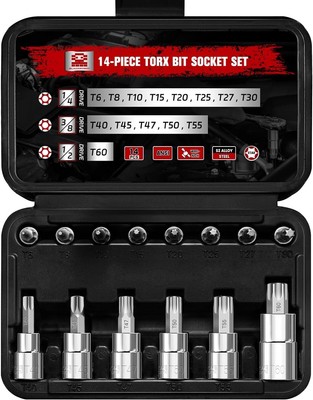14 Pcs Torx Bit Socket Set T6-T60, S2 and Cr-V Steel Star Bit 1/4  3/8  1/2 
