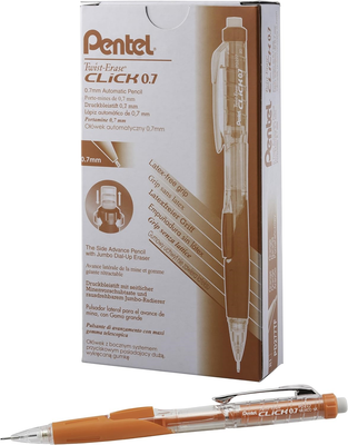 Pentel Twist-Erase CLICK Mechanical Pencil, (0.7mm), CLEAR Barrel, Orange Grip,