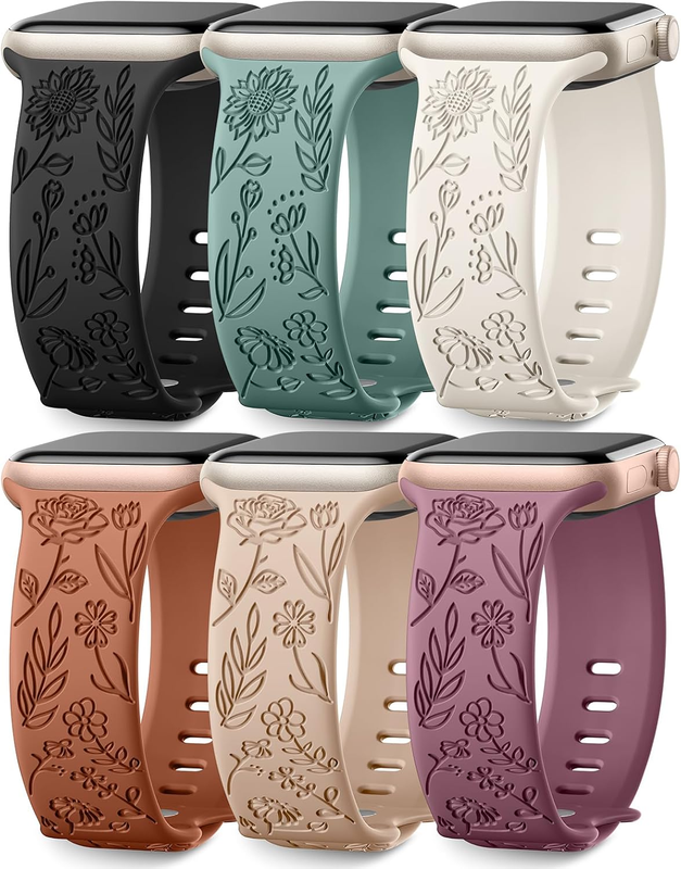 6 Pack Floral Silicone Bands Compatible With Apple Watch Women Sport Strap