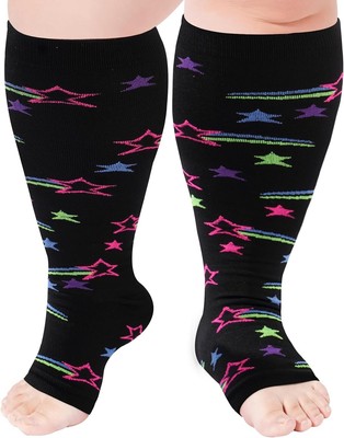 Toeless Plus Size Compression Socks for 3X-Large-4X-Large, Black&pink Meteor 