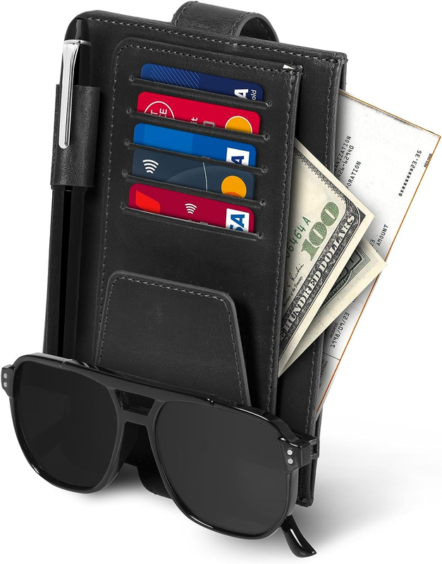 Leather Car Visor Organizer – Slim Auto Interior Accessories with Card Slots, Pe