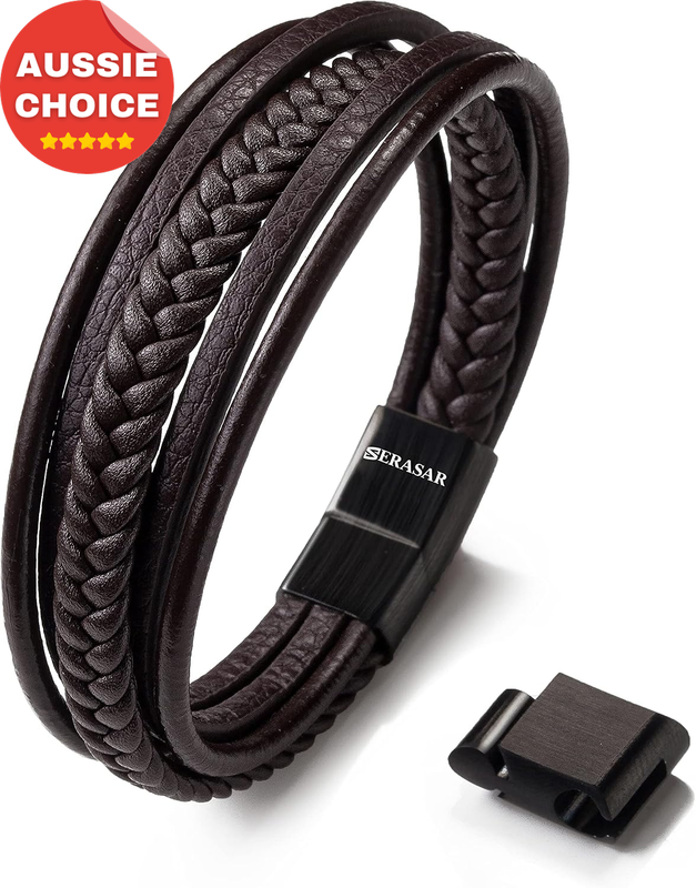 Men's Black Brown Genuine Leather Braid Bracelet Adjustable Fashion Accessory