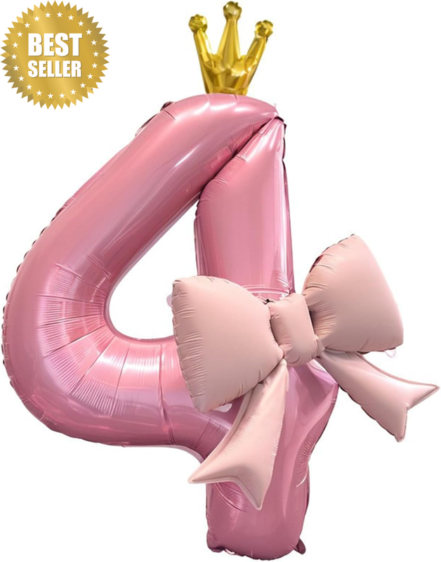 Bow Pink Number 4 Balloon, 40 Inch Large Foil Number Four Balloons with Bow, 4Th