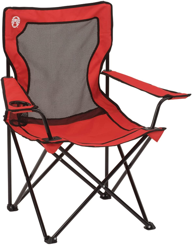 Broadband Red Mesh Quad Camping Chair with Cup Holder and Nylon Mesh Back