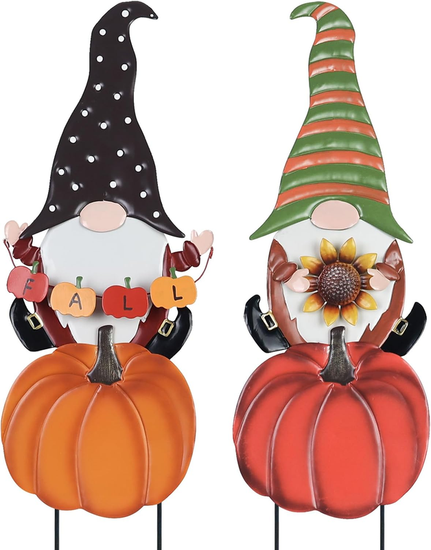 Fall Garden Stakes 2 Pack Metal Gnome Pumpkin Yard Decor Thanksgiving Outdoor
