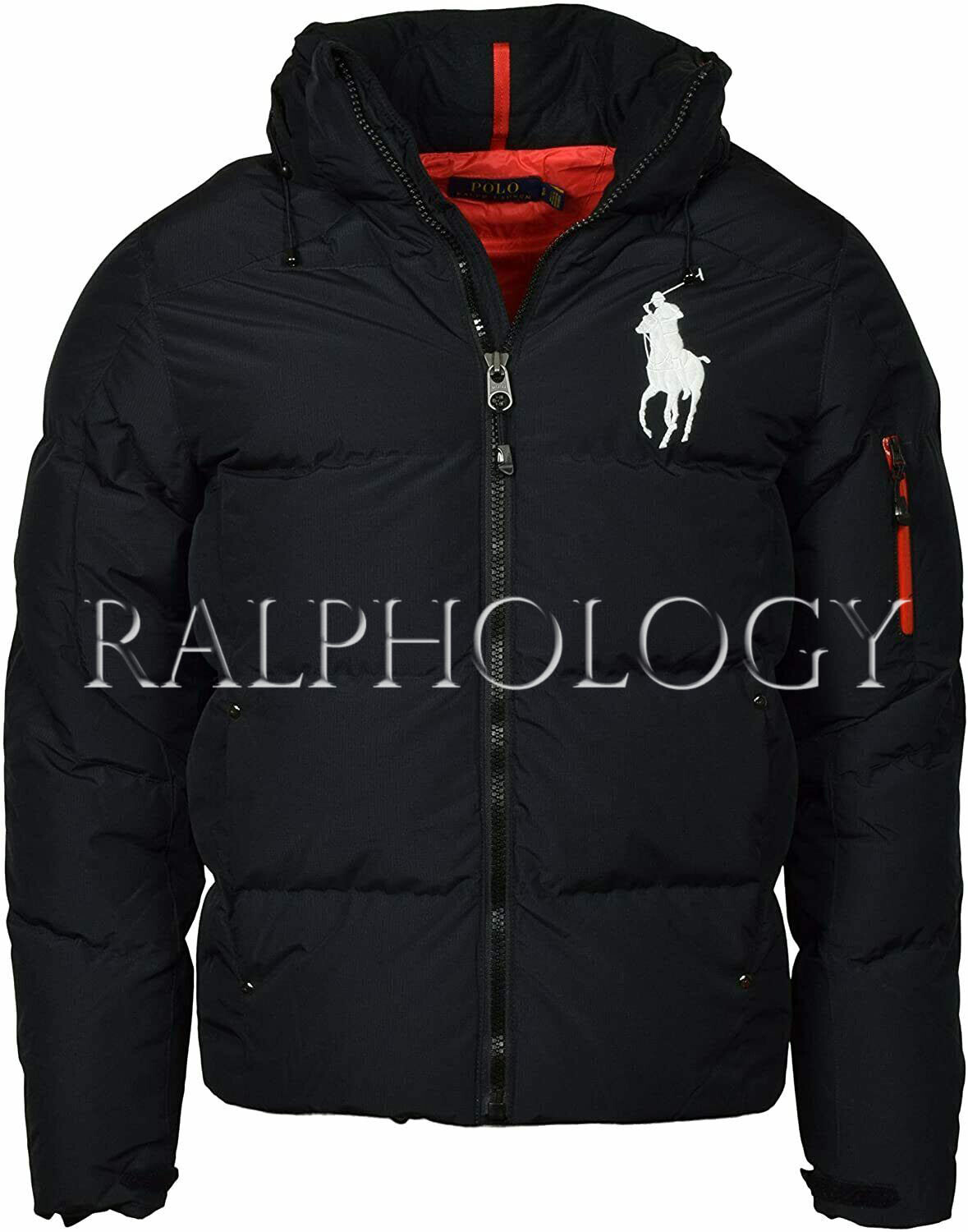 Pre-owned Polo Ralph Lauren Mens Black White Big Pony Hooded Down Puffer Jacket Coat