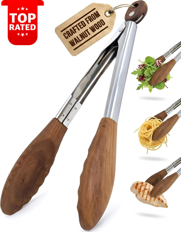 12 Inch Wooden Tongs BBQ Salad Bread Pickles Natural Walnut Kitchen Tool