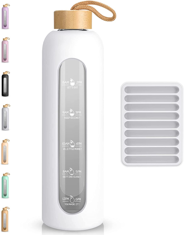 32Oz Glass Water Bottle with Time Marker, Water Bottle with Silicone Sleeve