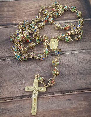 Colorful Zircon Beads Golden Rosary Catholic Necklace Miraculous Medal Cross