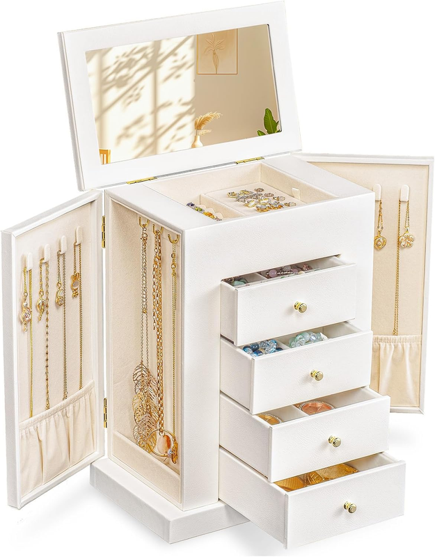 Jewelry Box Women Large 5 Layer Leather Organizer Drawers Mirror Necklace Hooks