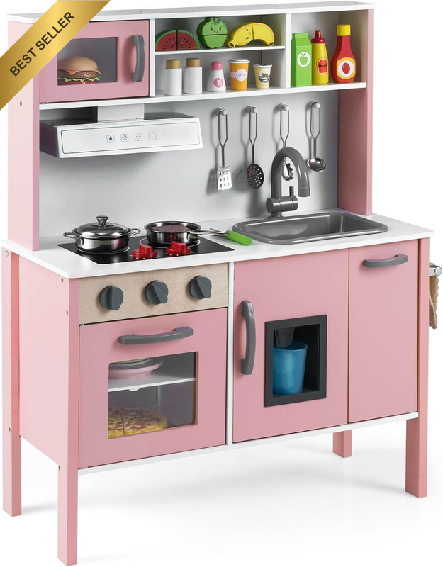 Kids Kitchen Playset, Wooden Pretend Play Kitchen W/Microwave, Range Hood, Stove