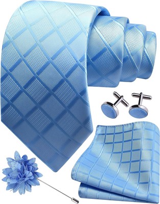 GUSLESON 3.15''（8cm） Mens Tie and Lapel Pin Plaid Checkered Necktie Hankerchief C