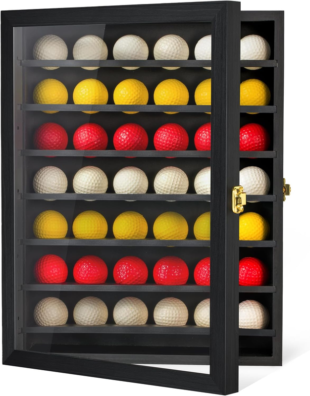 Ball Display Case Wall Cabinet With 42 Golf Ball Holders Wood Ideal Display