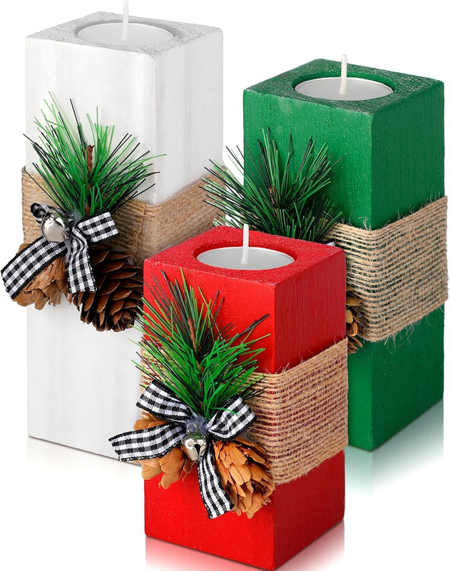 Sliner 3 Pcs Christmas Candle Holders with Candles Wooden Xmas Tealight Candle H
