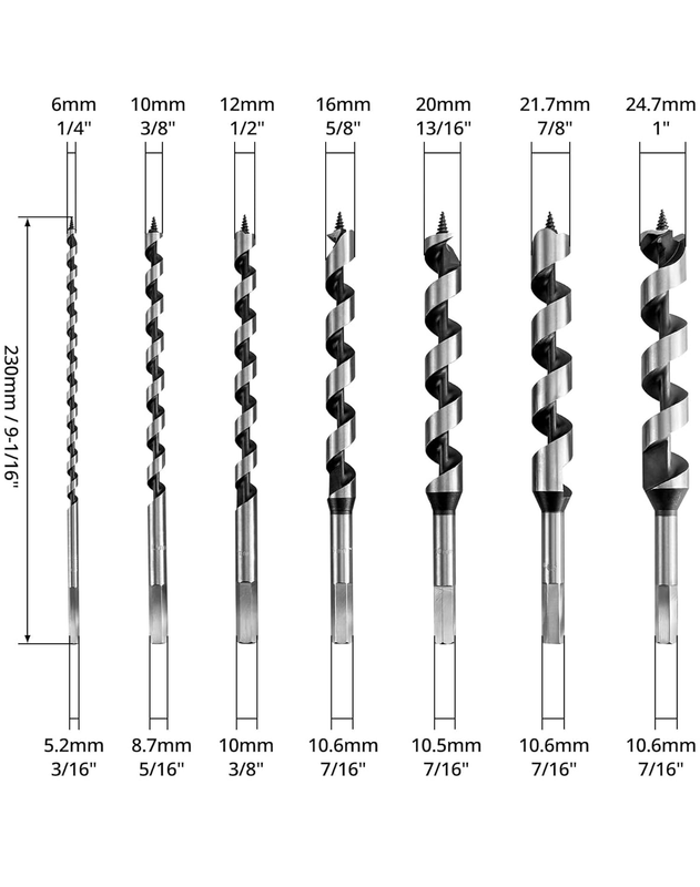 Auger Drill Bit Set, 7 Piece Set 9" Auger Bit Set Hardened Alloy Steel Ship Auge