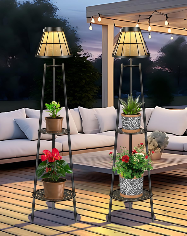 45.4'' Metal Outdoor Solar Floor Lamps 2 Pack, Waterproof Solar Lantern Lights with 2 Plant Stand, Solar Lights Plant Stand for Patio Deck Yard Pathway Porch Garden- Black