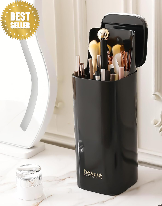 Makeup Brush Holder with Lid,4 Slots Automatic Lifting Dustproof Make up Brush O