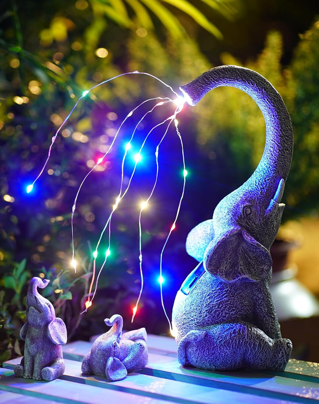 Garden Elephant Statue Outdoor - Solar Watering Lights, Perfect for Yard, Patio,