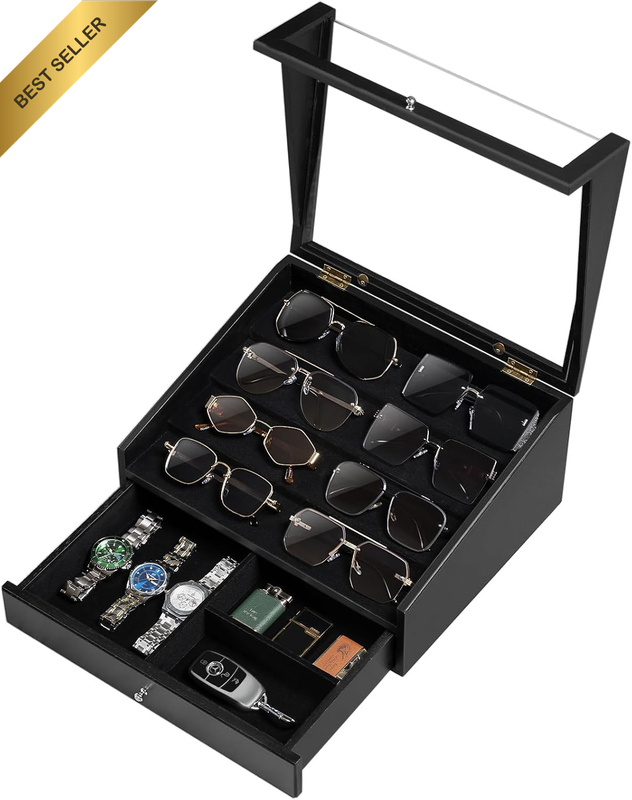 Sunglasses Organizer, Wooden Sunglasses Display Case with Clear Glass Lid & Draw