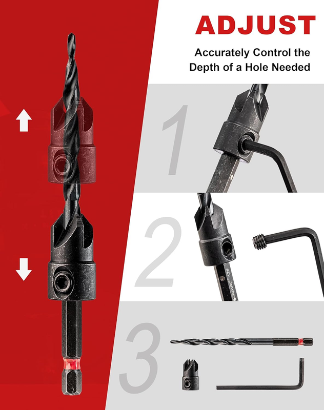 Wood Countersink Drill Bit Set, 4, 6, 8, 10, 12 Tapered Drill Bits, with 1/4" He