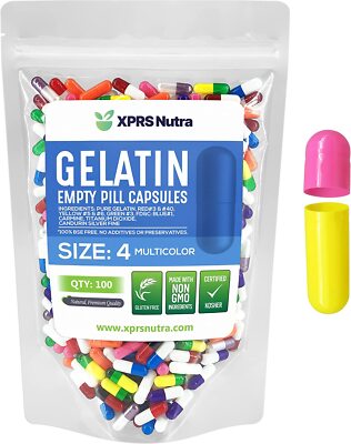 Size 4 Multi-Colored Empty Gelatin Pill Capsules Kosher Gluten-Free Caps Gelcaps