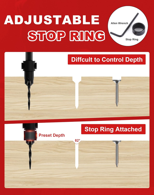 Wood Countersink Drill Bit Set, 4, 6, 8, 10, 12 Tapered Drill Bits, with 1/4" He