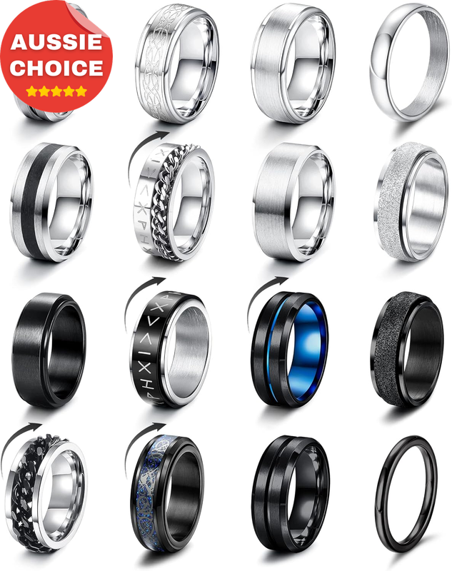 16 Pcs Black Silver Men's Stainless Steel Ring Set Matte Polished Fidget Celtic