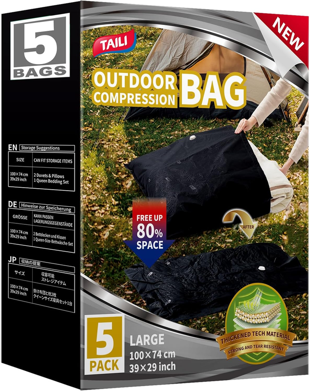 5 Pack Outdoor Vacuum Storage Bags, Travel Compression Bags (39X29 Inch), Tear-Proof Vacuum Seal for Camping, Cushion, Clothing, Waterproof, Wearproof, Punctureproof
