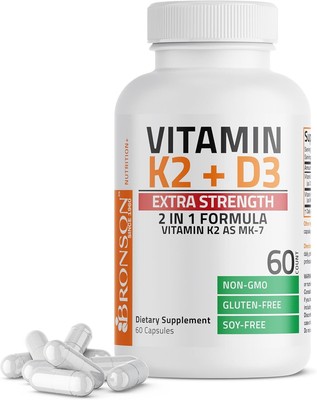 Bronson Vitamin K2 (MK7) with D3 Extra Strength Supplement Bone Health Non-GMO