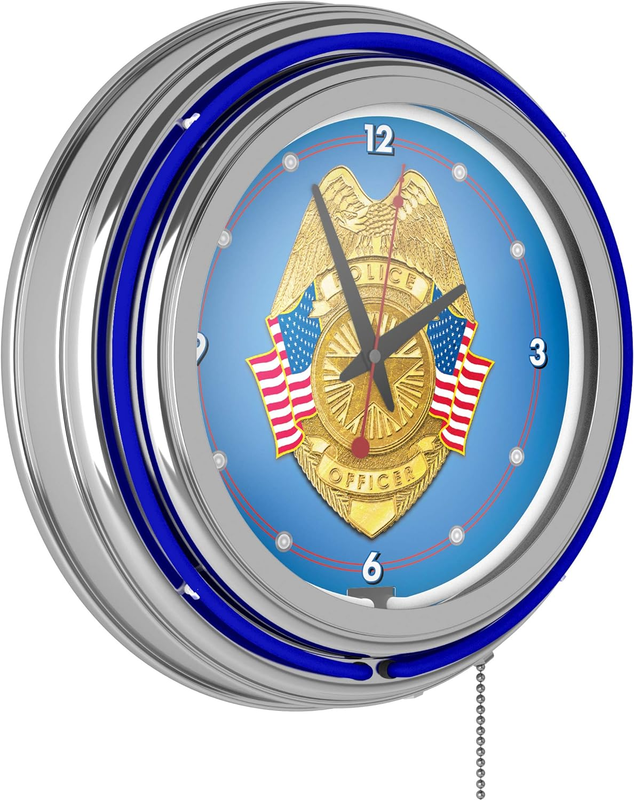 14" Police Officer Chrome Double Ring Neon Clock Cave Shed Garage Game Room Bar