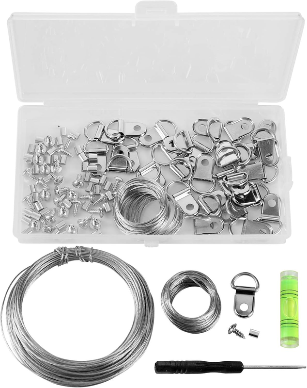 105 Pcs Picture Hanging Tool Kit, with Picture Wire, D Ring, Crimping Loop Sleev
