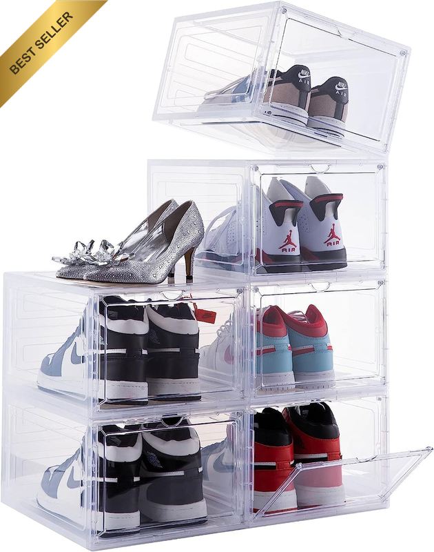 Set of 6 Drop Front Shoe Boxes Stackable Plastic Clear Door Sneaker Storage Fit