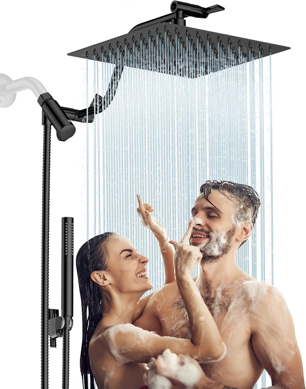 10” All Metal Rainfall Shower Head Combo with Handheld Spray, High Pressure Showerhead Combination, Adjustable Dual Showerheads with Extension Arm, Full-Body Coverage Shower Experience, Black