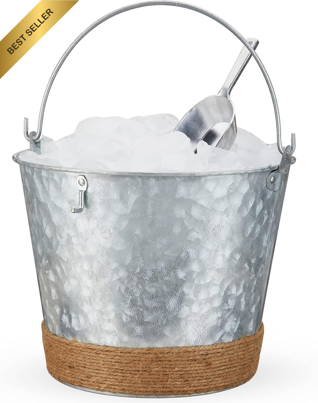 Seaside Ice Bucket with Scoop, Jute Rope Wrapped Farmhouse Galvanized Metal Beve