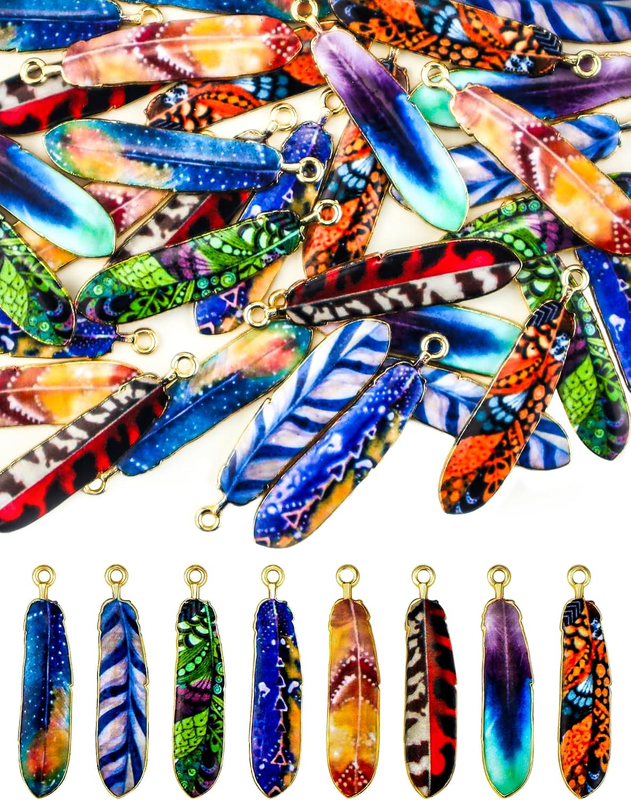32Pcs Enamel Feather Charms, Native American Charms Bohemian Wing Feather Pendan