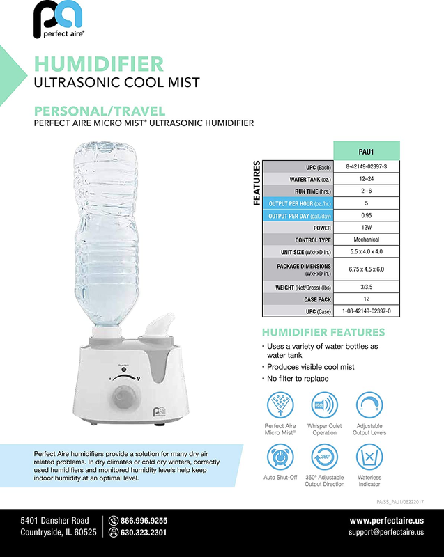 Perfectaire PAU1 Personal Ultrasonic Cool Mist Humidifier with Water Bottle Adap
