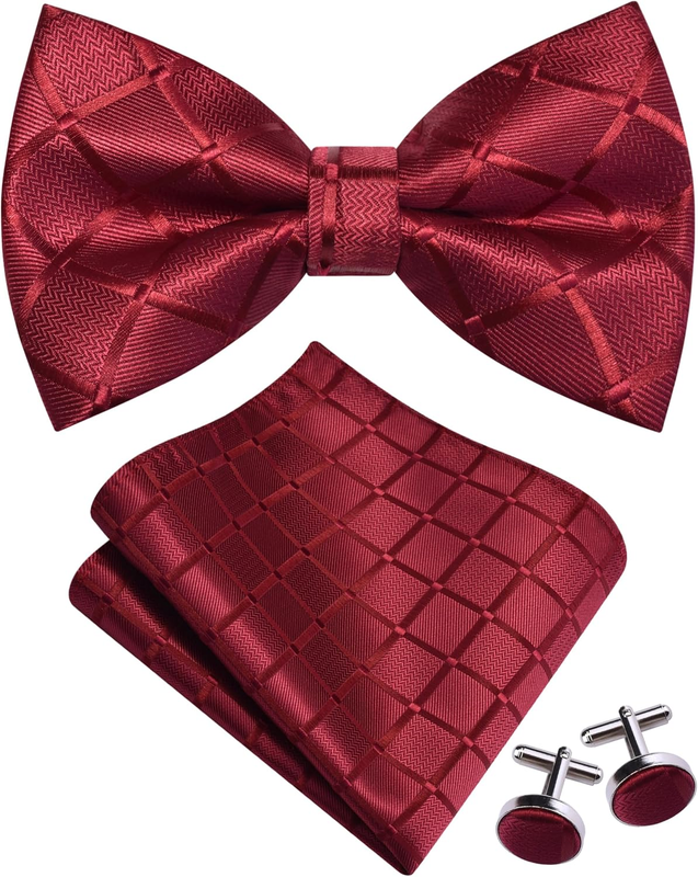Mens Plaid Checkered Bow Tie Handkerchief Jacquard Woven Adjustable Pre-Tied Bow