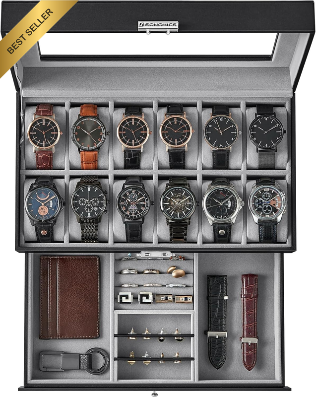 12 Slot Watch Box Black Leather 2-Layer Lockable Case with Drawer Glass Lid