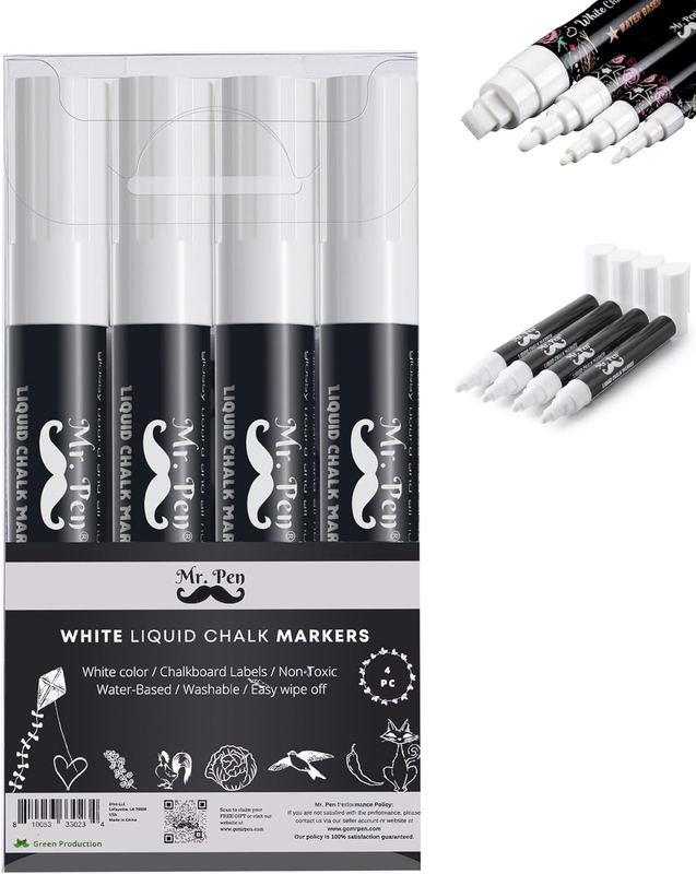 - White Chalk Markers, 4 Pack, Dual Tip, 8 Assorted Colors, for Non-Porous Surfa