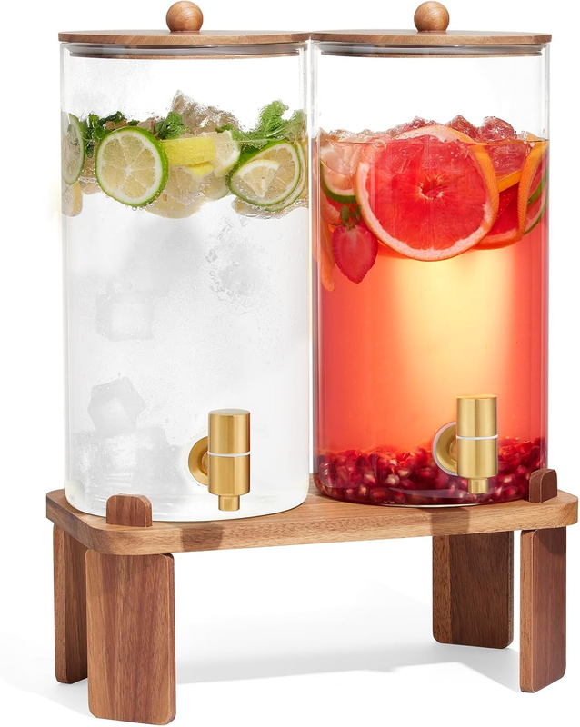 2 PCS 1.5 Gallon Drink Dispenser, Glass Beverage Dispenser with Wood Stand, Large Water Drink Dispensers for Parties with Stainless Steel Spigot, Ideal for Lemonade,Juice, Tea, and Party Drinks