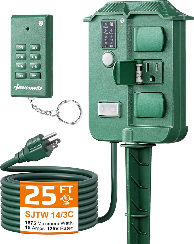 Outdoor Power Stake Timer w/ Remote Dusk to Dawn 25FT Cord Wat...
