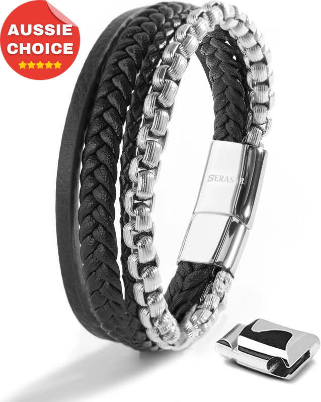 Men's Black Genuine Leather Bracelet Durable Stylish Fashion Accessory Gift